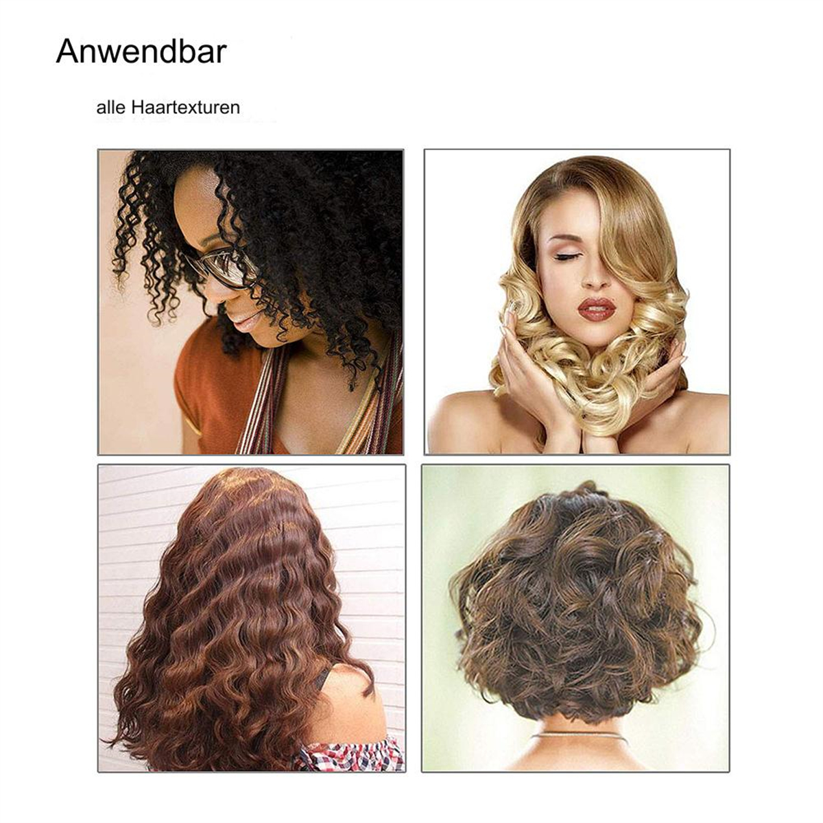 Vier Bilder verschiedener Frisuren mit lockigen, welligen und glatten Haartexturen.