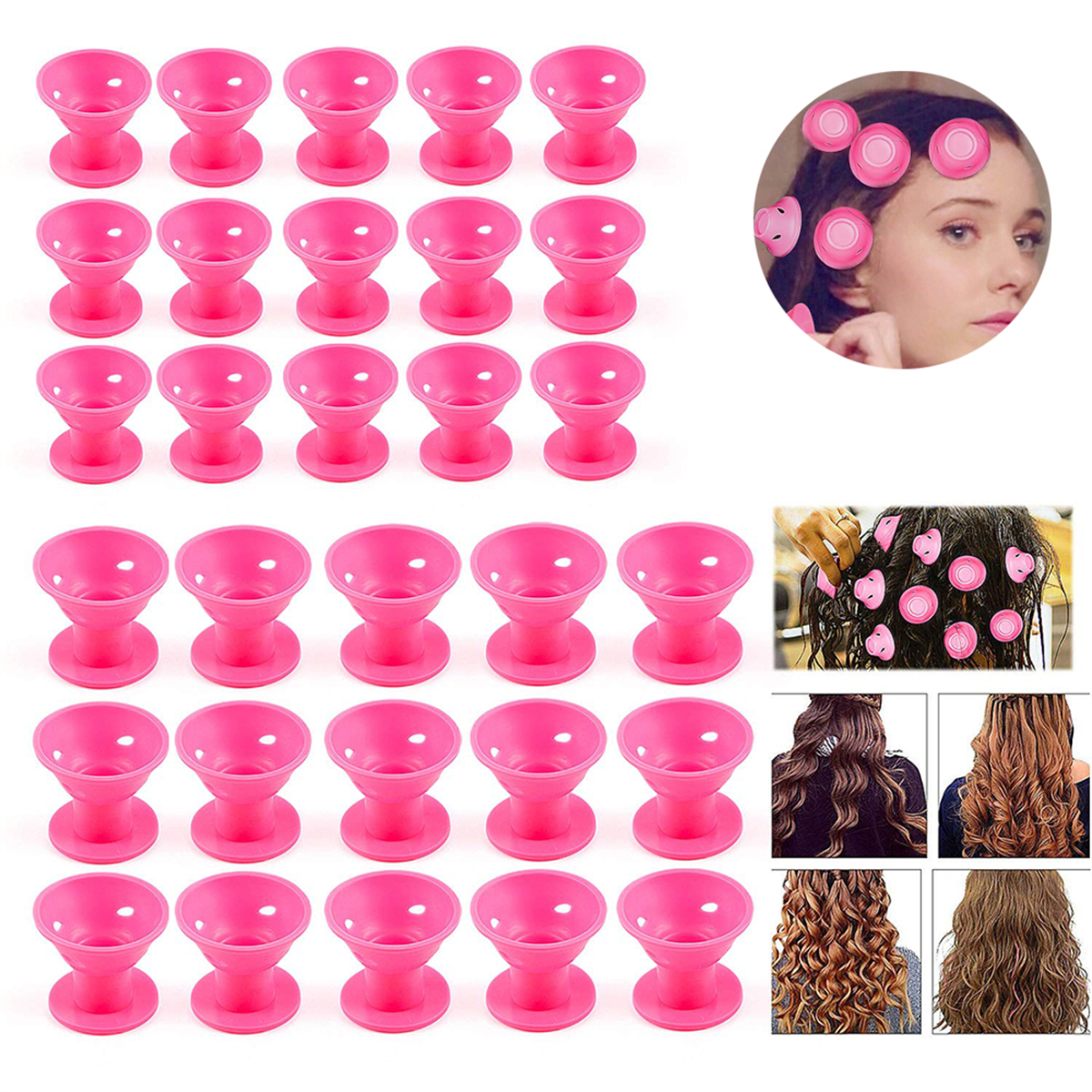 Pinke Haarroller in einer Reihe, zusammen mit Fotos von Frauen mit gelocktem Haar, auf weißem Hintergrund.