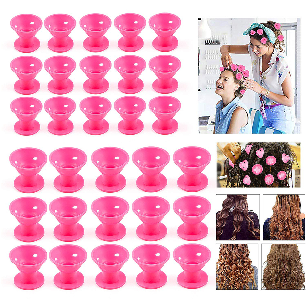 Reihen von rosa Haarrollen mit Bildern von Frauen, die sie benutzen, und Beispielen für gelockte Haare.