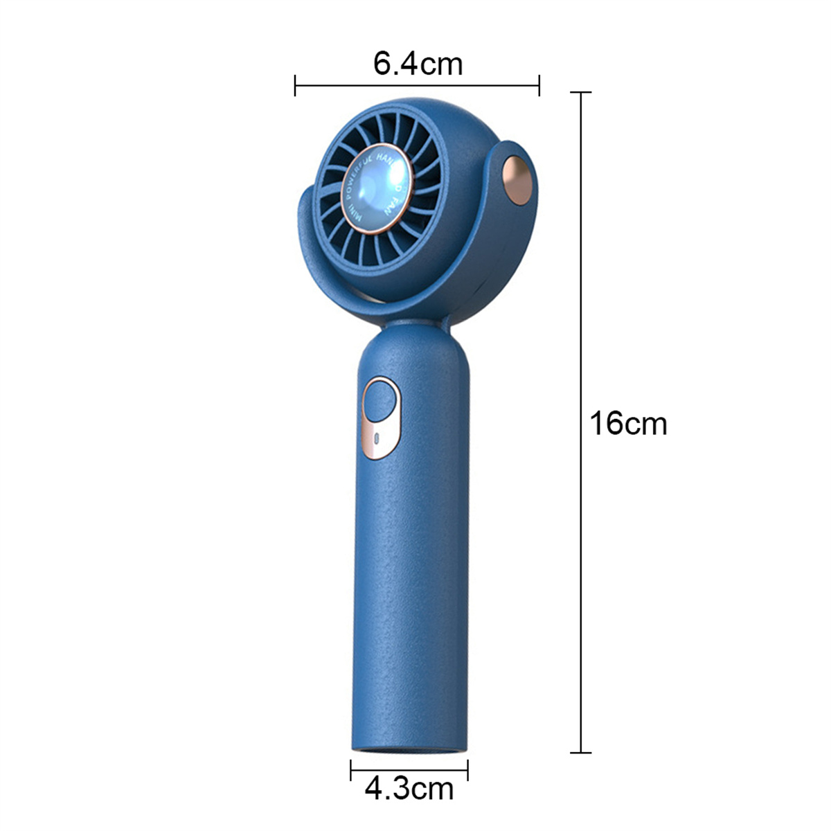 Ein blauer Handventilator mit Abmessungen, einschließlich eines Knopfes und eines Ventilators mit Text: POWERFUL FAN.