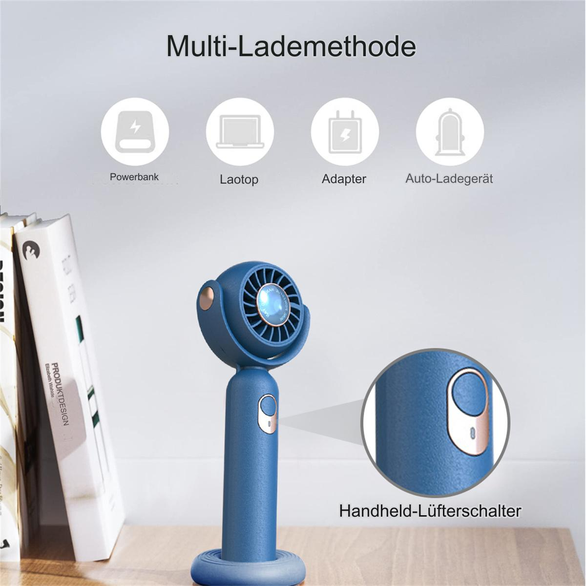 Blauer Handventilator mit Ständer, zeigt Optionen: Powerbank, Laptop, Adapter, Autoladegerät.
