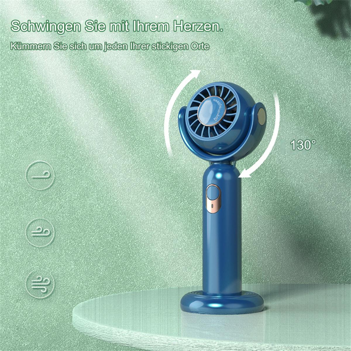 Ein blauer tragbarer Ventilator. Er hat einen Sockel und einen Griff, und der Ventilatorkopf ist verstellbar.