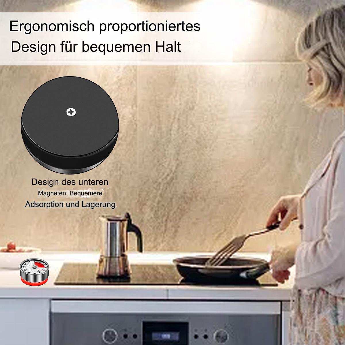 Eine Frau in der Küche, die ein magnetisches Werkzeug benutzt, um einen Timer zu halten, mit Herd im Hintergrund.