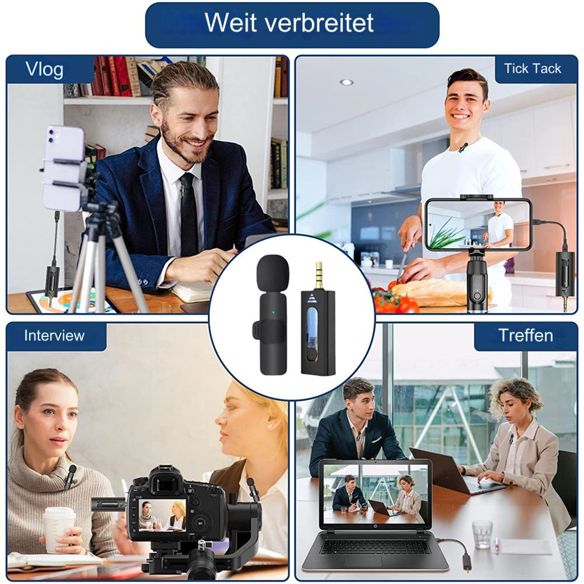 Mehrere Personen verwenden ein Mikrofon mit Empfänger. Beispiele: Vlog, Interview und mehr. Schwarzes Design.