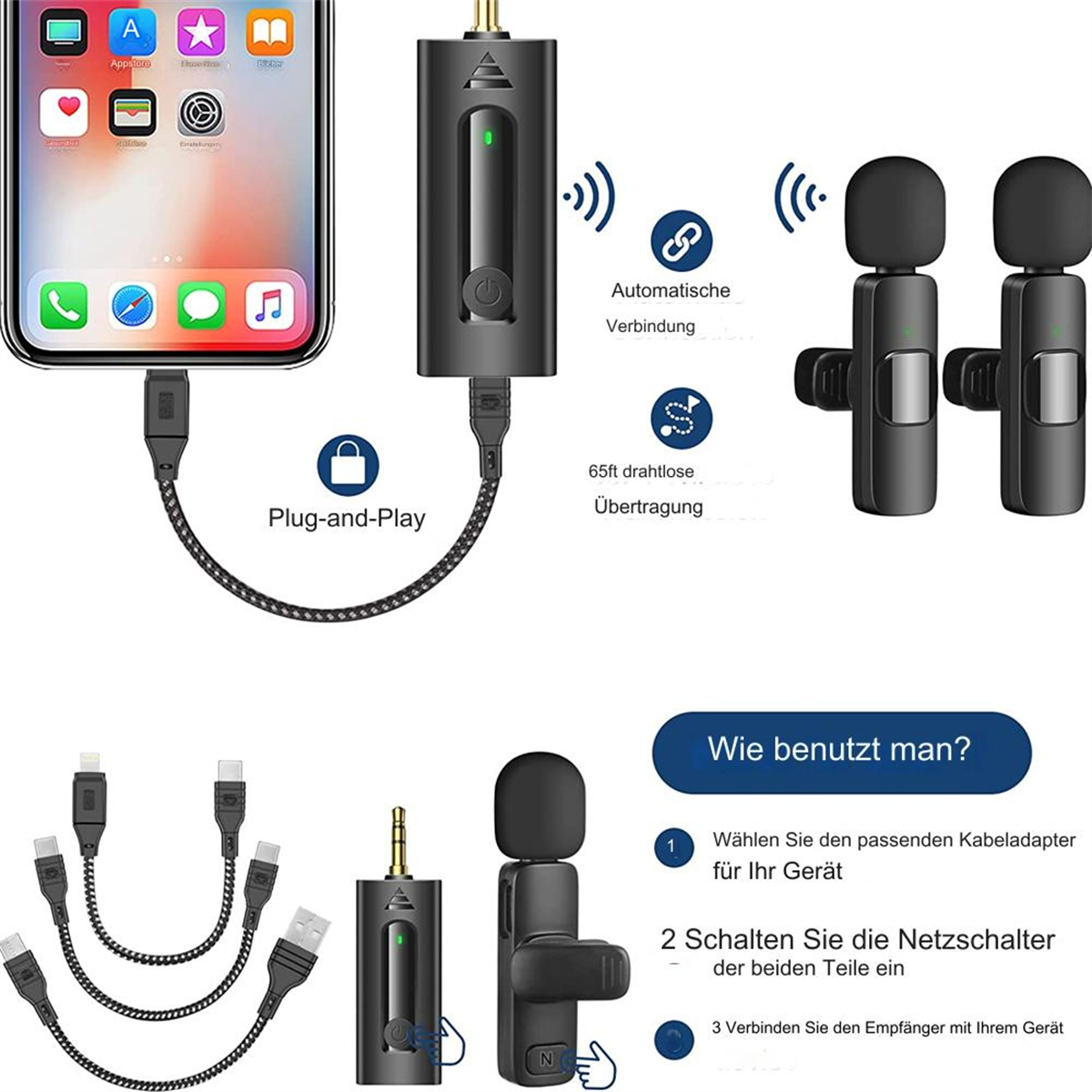 Ein Smartphone, das mit einem Empfänger und zwei drahtlosen Mikrofonen verbunden ist, mit Adaptern.