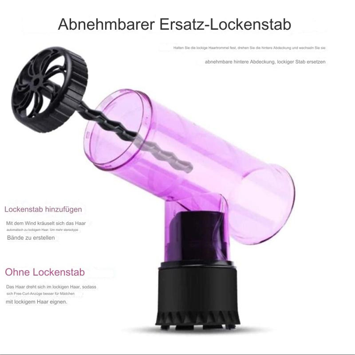 Ein Haarstyler mit rosa Röhre und schwarzem Griff. Der Text Abnehmbarer Ersatz-Lockenstab ist geschrieben.