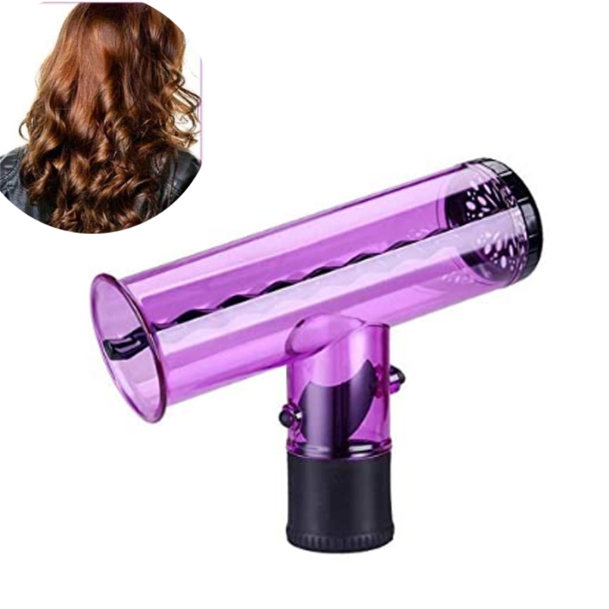 Lila Fönaufsatz zum Locken. Das Bild zeigt auch lockiges Haar.