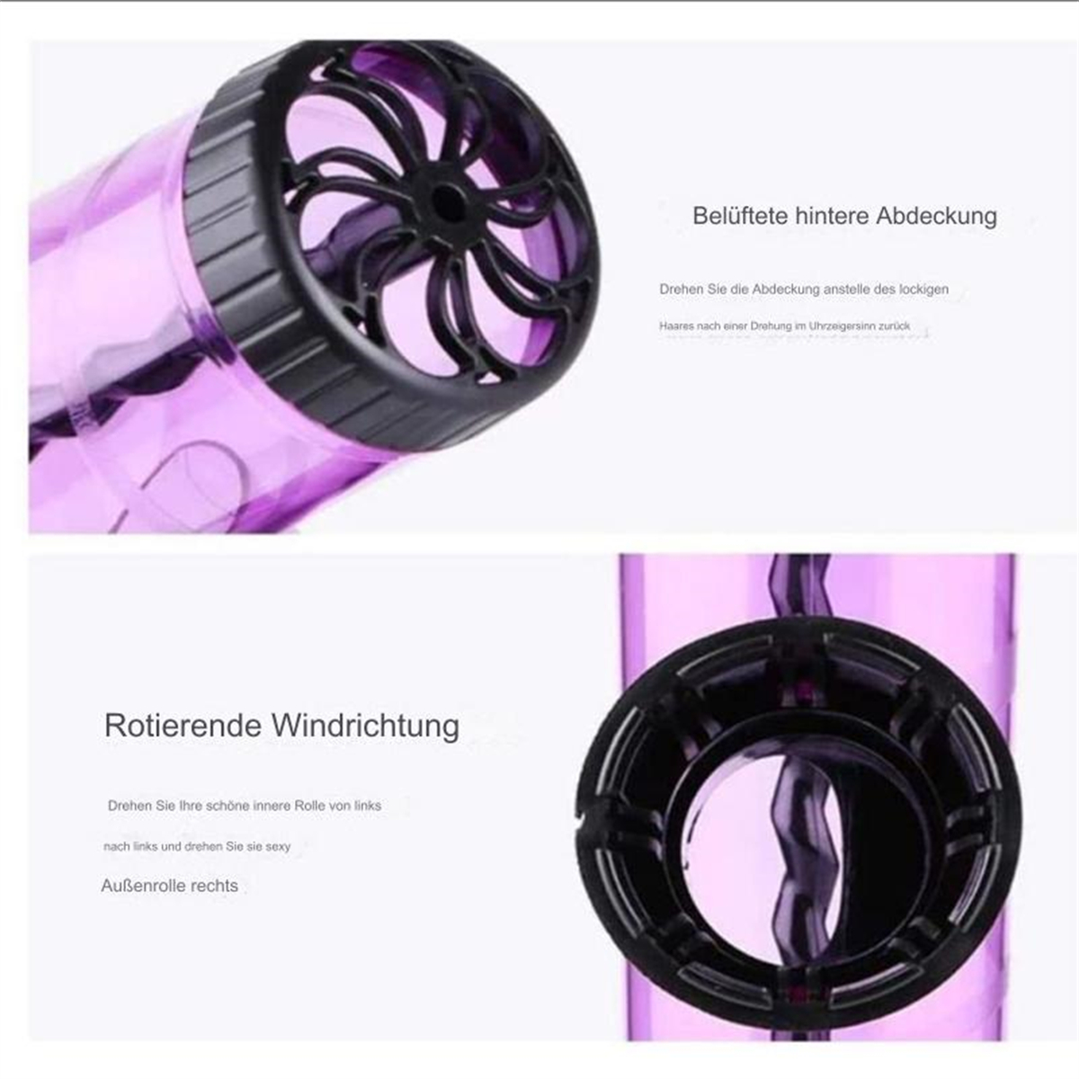 Nahaufnahme eines lila Haartrockners mit Ventilator und rotierender Windrichtung.
