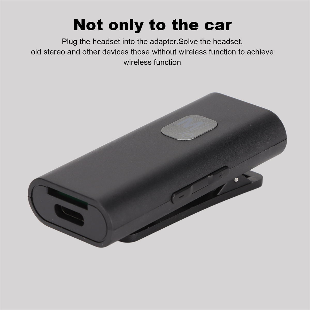 Schwarzer Audioadapter. Text: 'Nicht nur für das Auto'. Drahtlose Funktion für Geräte lösen.