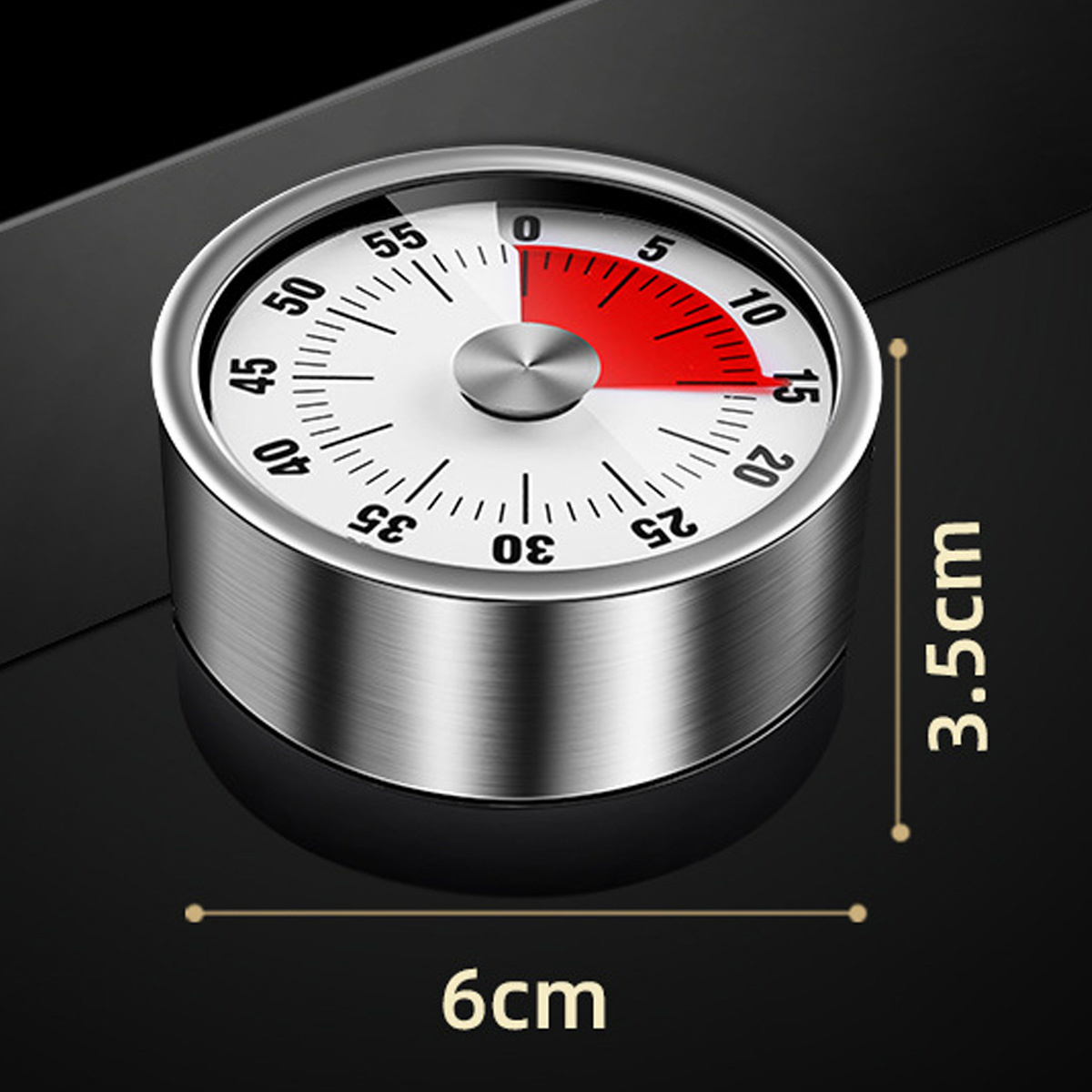 Ein silberner Timer mit roter Anzeige, Maße 6cm x 3,5cm.