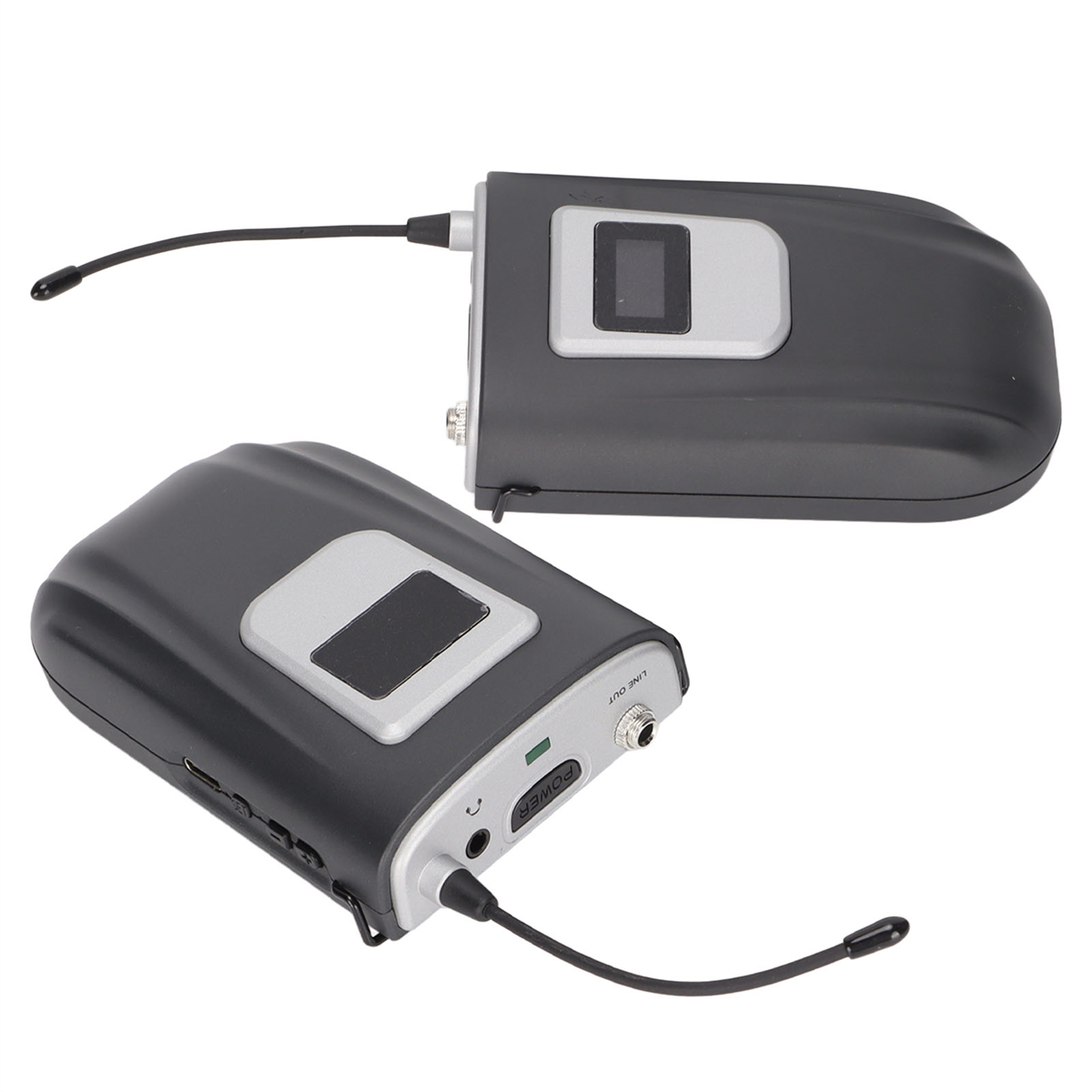 Zwei schwarze Audiosender mit Antennen, Einschalttasten und einem Bildschirm.
