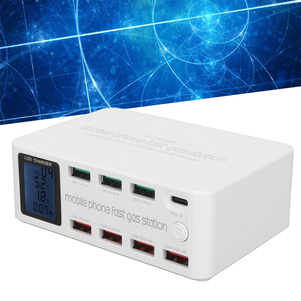 Weiße Ladestation mit mehreren USB-Anschlüssen und einem Bildschirm. Blauer Hintergrund.
