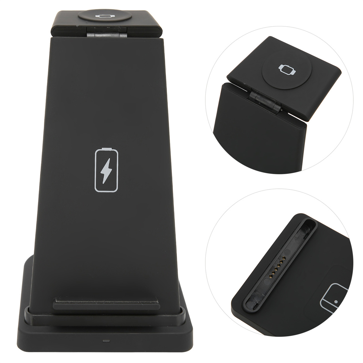 Schwarzes kabelloses Ladegerät mit Telefonsymbol, Batteriesymbol und Ladeanschluss.