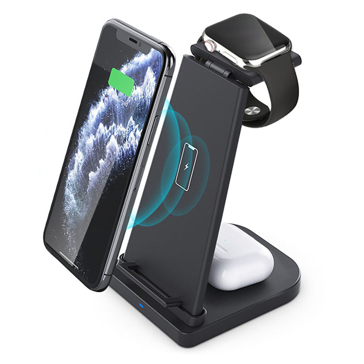 Eine schwarze Ladestation, die ein Telefon und eine Smartwatch hält. Außerdem wird ein Ohrhörer-Etui platziert.