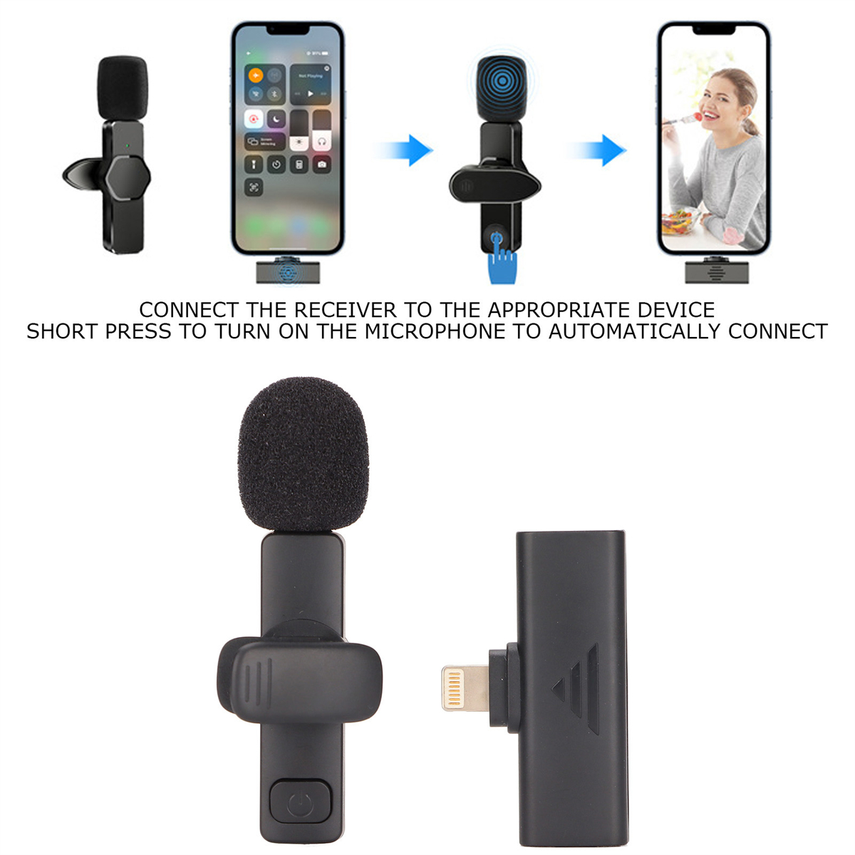 Kabelloses Mikrofon-Setup, mit einem Telefon und einer Person, die isst.