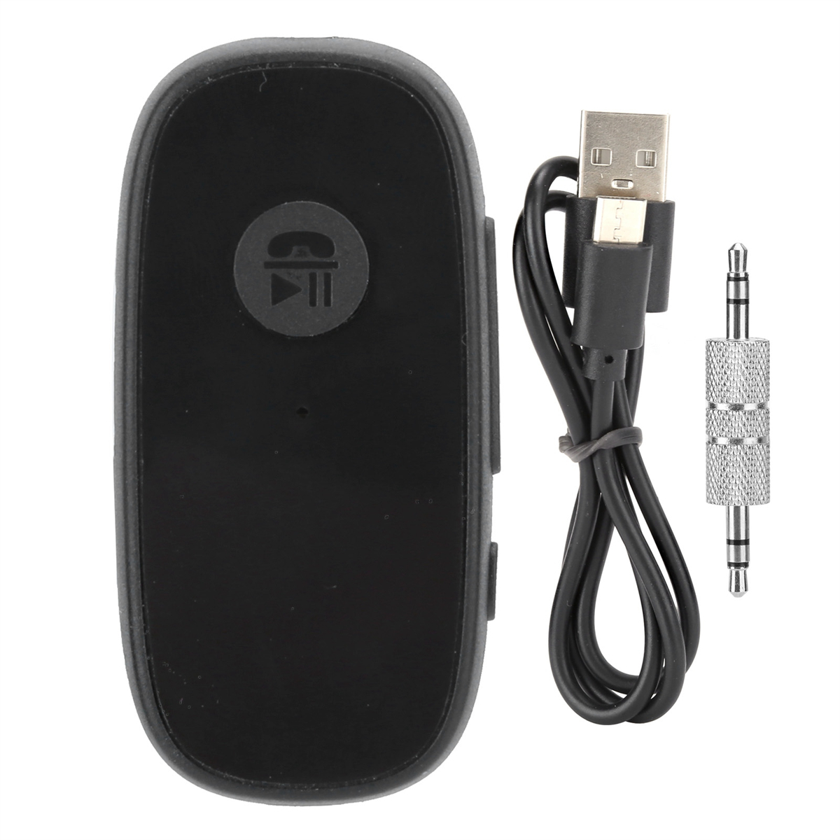 Schwarzes Gerät mit Tasten, einem USB-Kabel, einem Ladekabel und einer Audiobuchse auf Weiß.