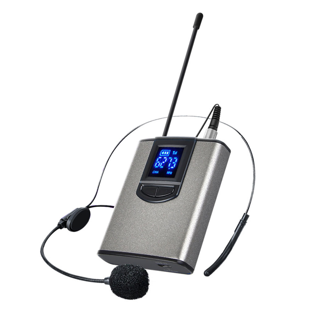 Ein drahtloses Mikrofon mit Bildschirm, Antenne und einem am Kopf getragenen Mikrofon.