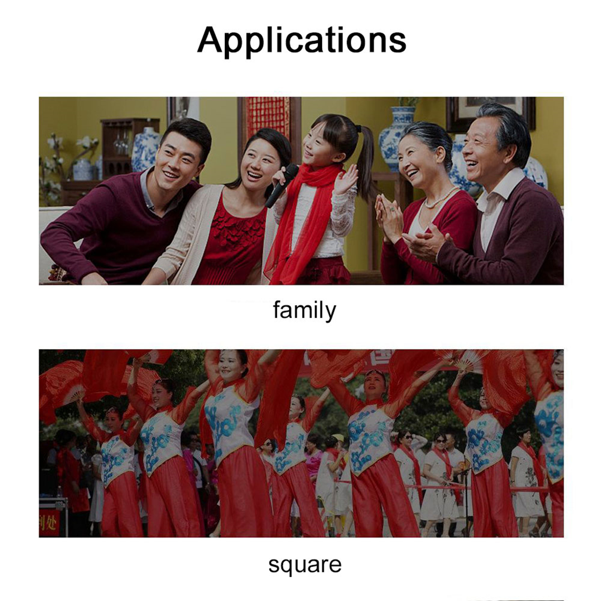 Bilder, die Anwendungen veranschaulichen: Familie, Platz und tanzende Menschen mit Text.