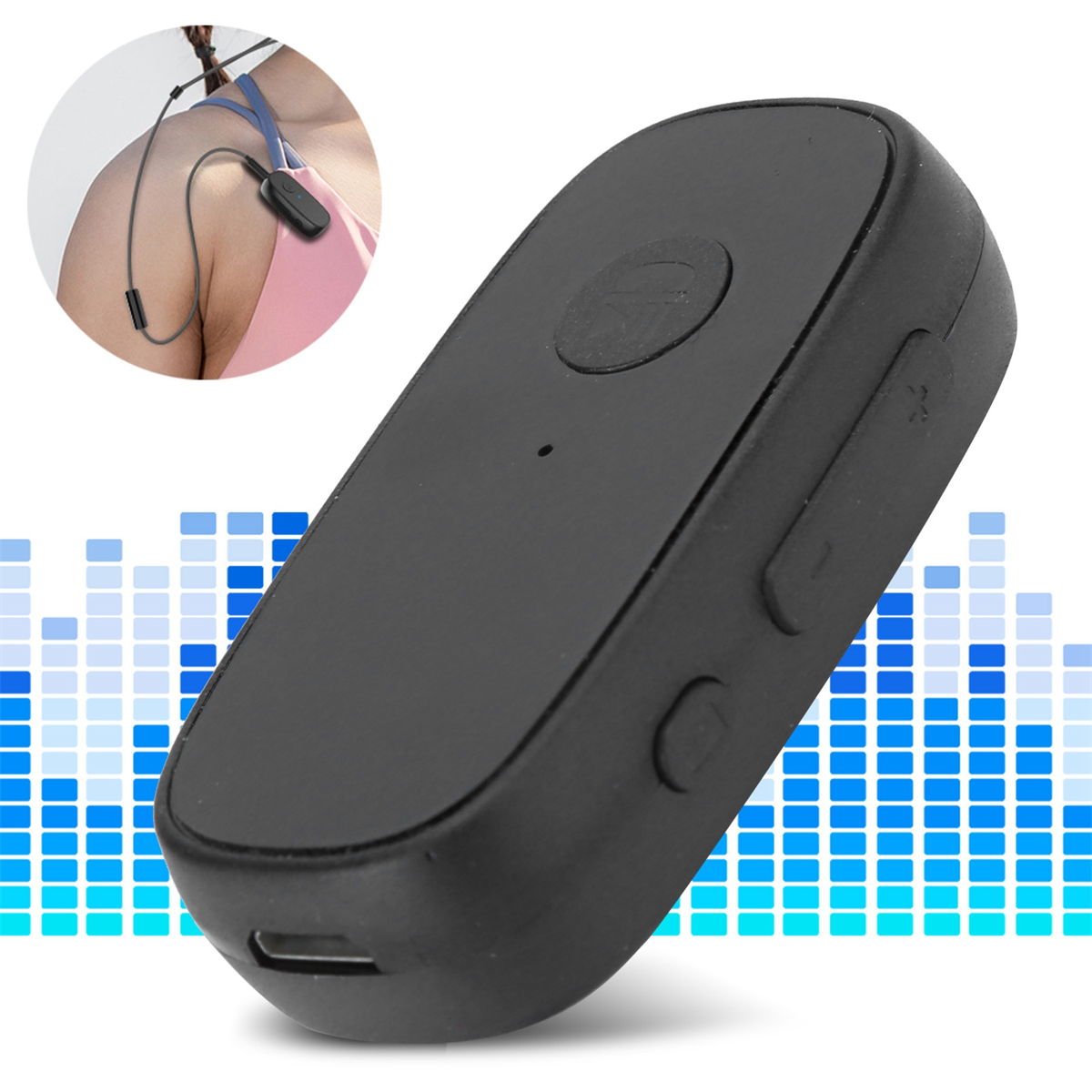 Schwarzer Nackenband-MP3-Player, den eine Frau trägt. Blaue Schallwellen-Grafiken im Hintergrund.