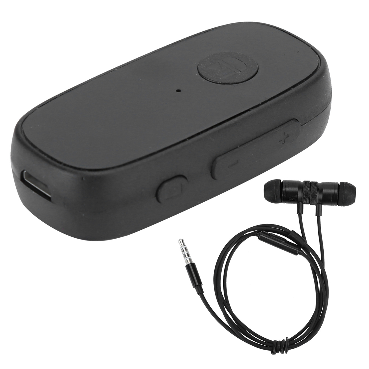 Ein schwarzer Bluetooth-Empfänger und ein Kopfhörer auf weißem Hintergrund.