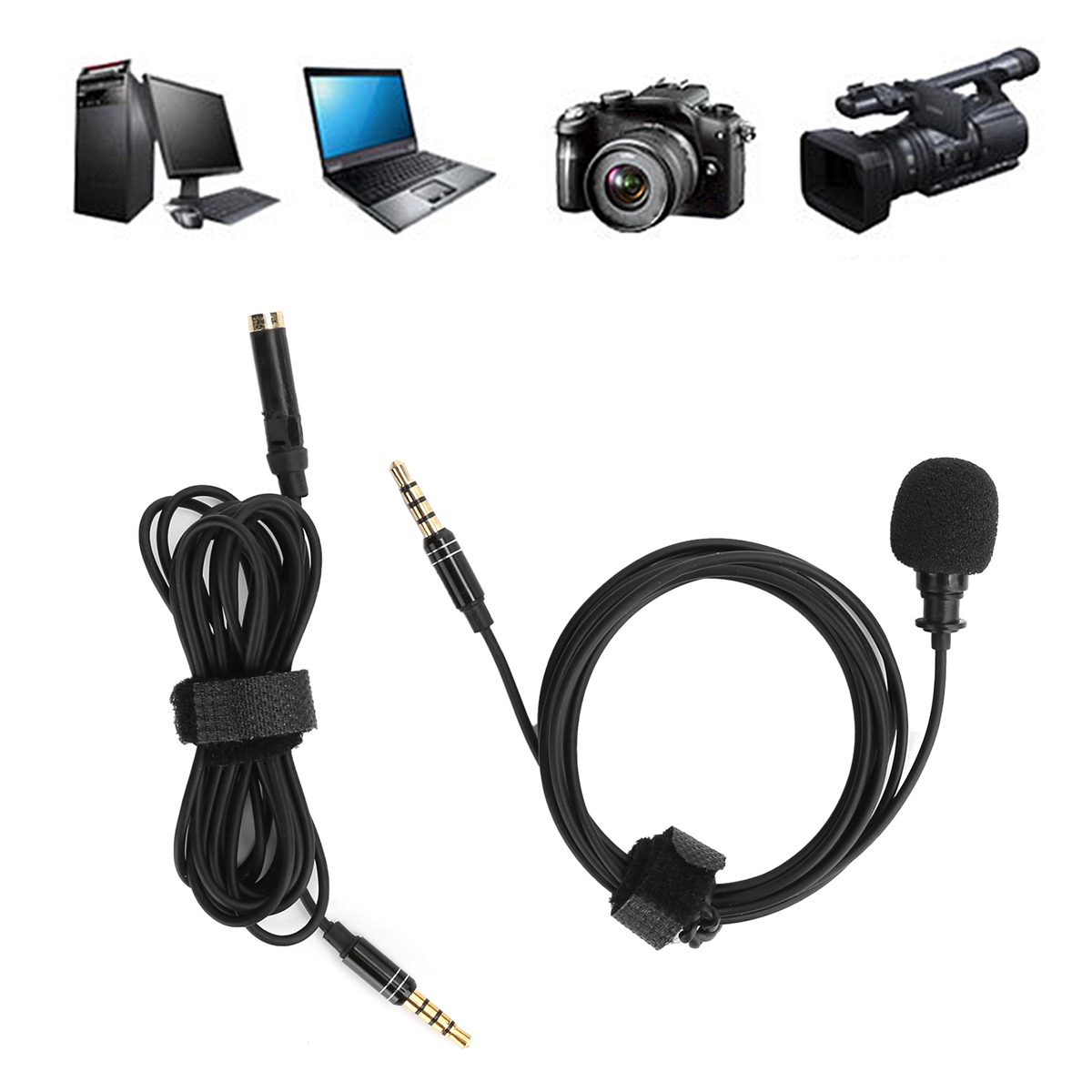 Ein Mikrofon-Kit mit verschiedenen Computerperipheriegeräten wie Laptop, Kamera und Computer.