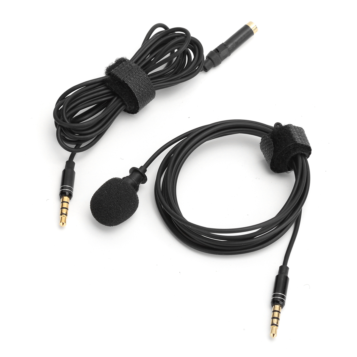 Zwei schwarze Kabel mit Mikrofon- und Klinkenanschlüssen. Jedes hat einen schwarzen Klettverschluss.