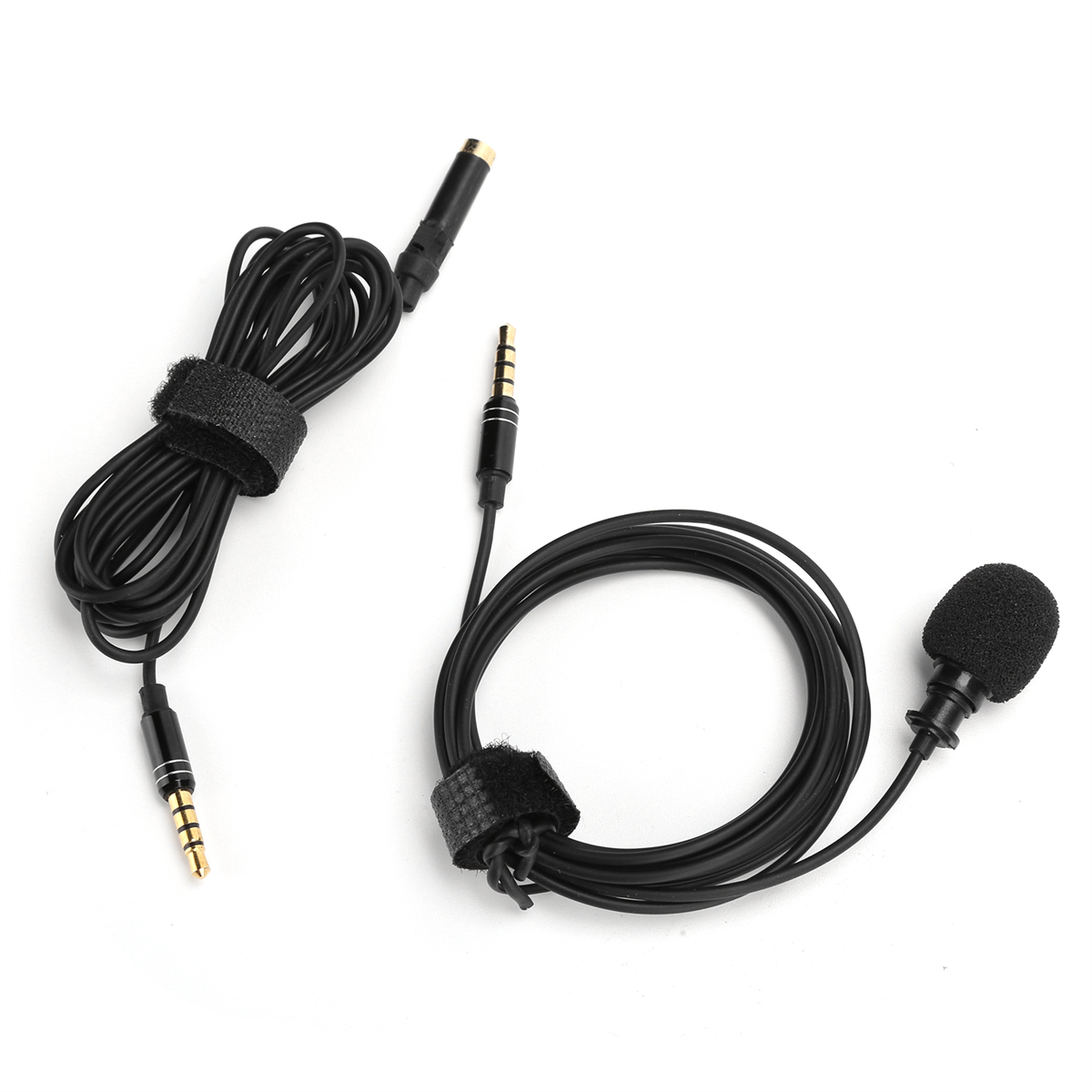 Zwei schwarze Mikrofone mit schwarzen Kabeln. Die Kabel haben schwarze Klettbänder zur Verwaltung.