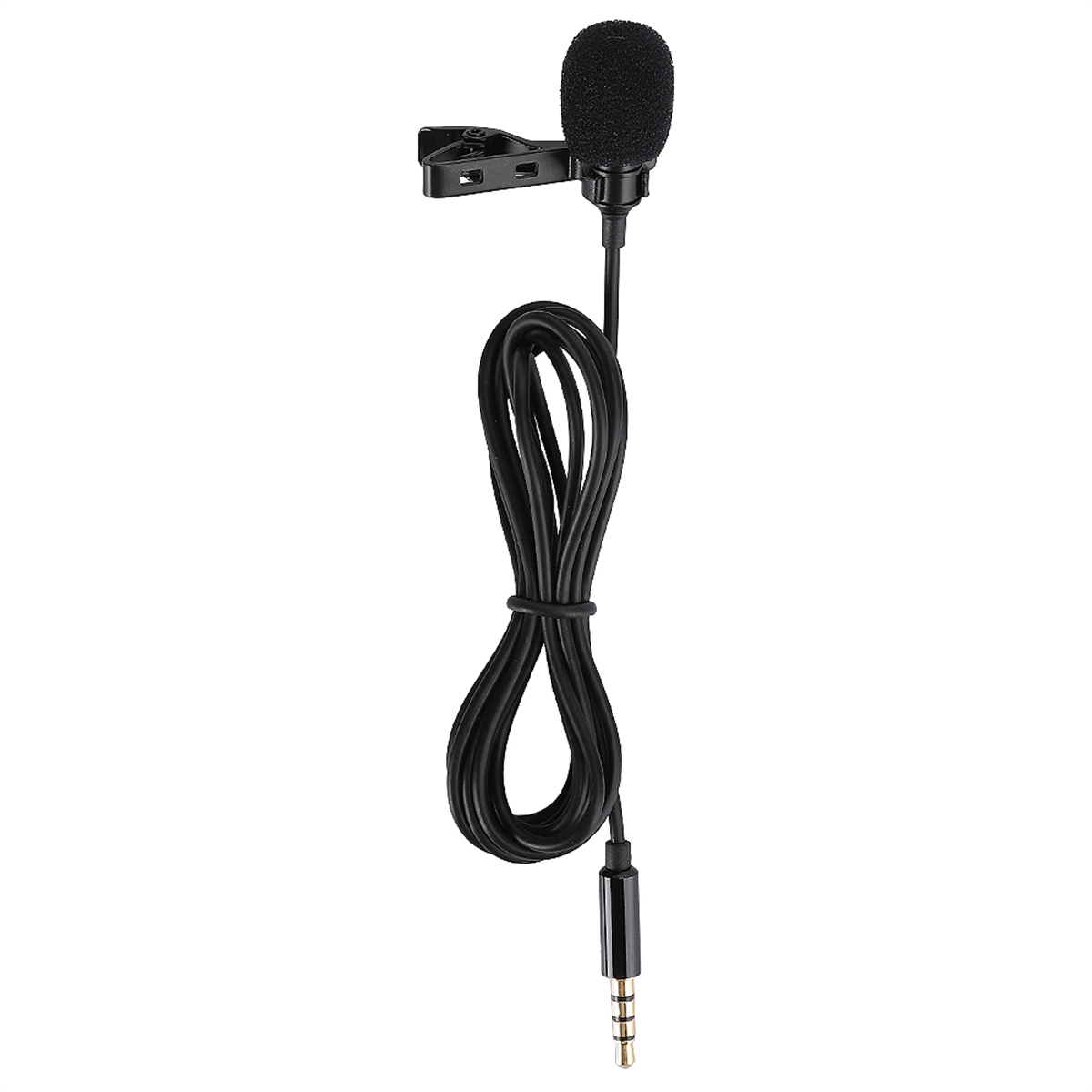 Kleines schwarzes Ansteckmikrofon mit Clip und Kabel, mit schwarzem 3,5-mm-Klinkenstecker.