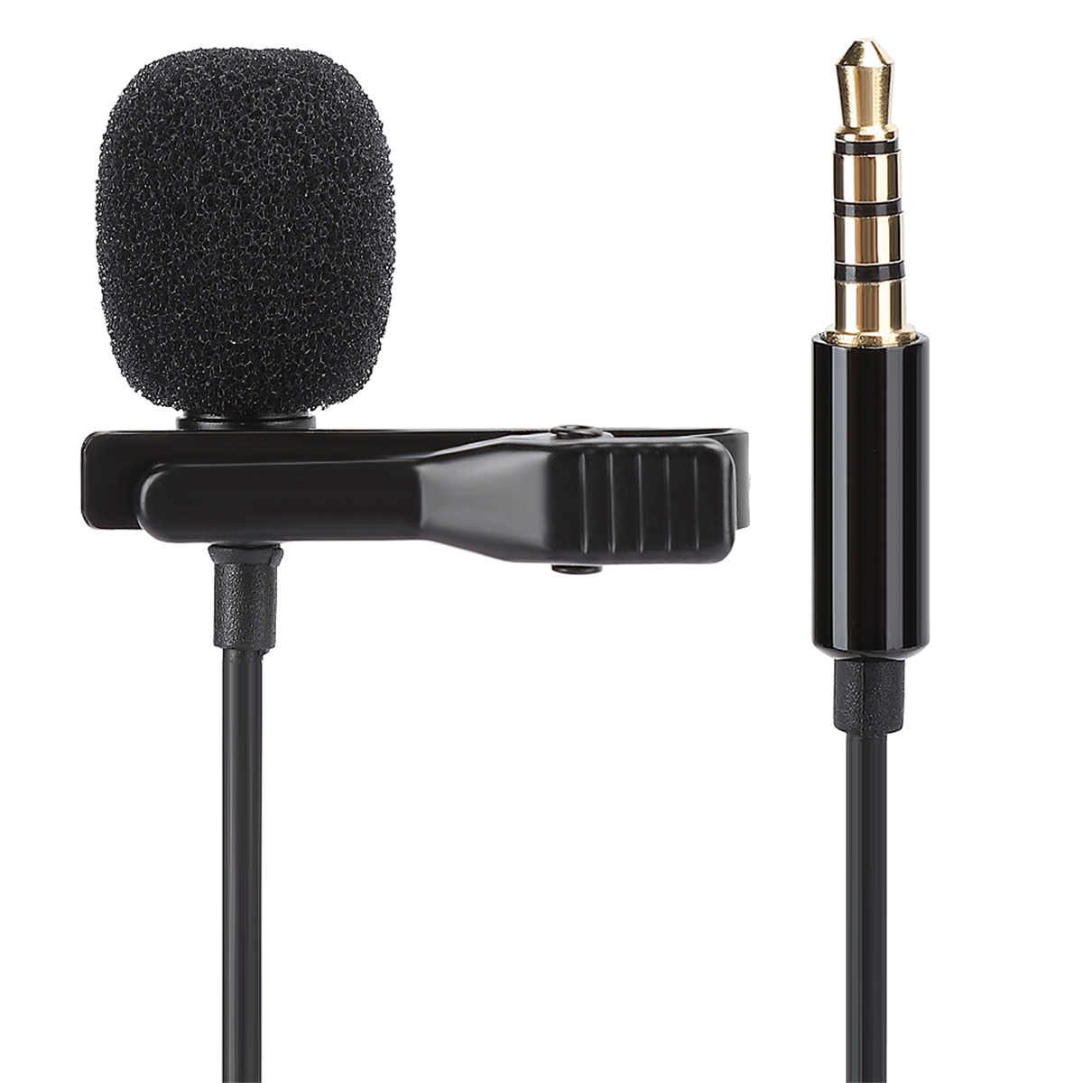 Schwarzes Ansteckmikrofon mit Schwammabdeckung und 3,5-mm-Audioanschluss.