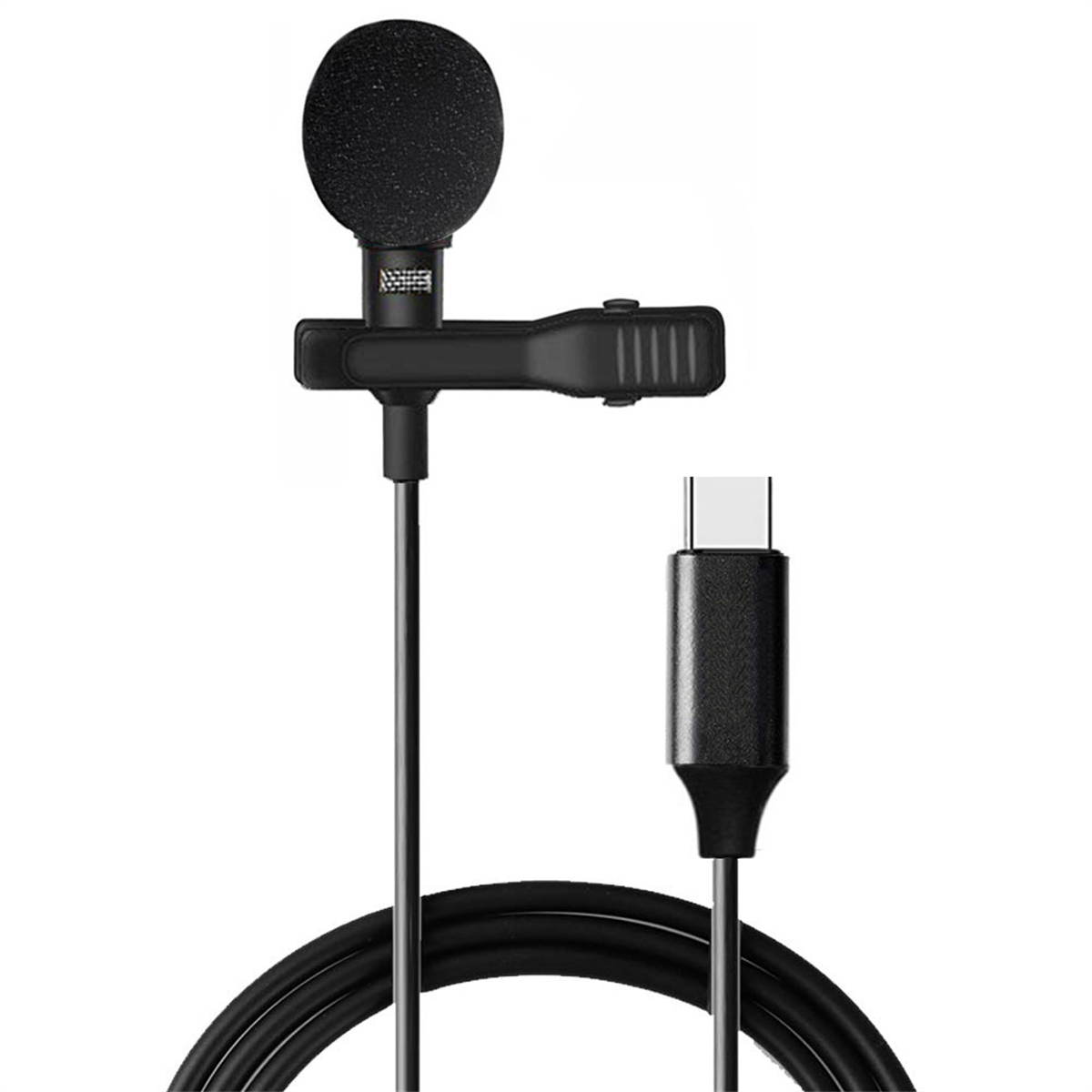 Schwarzes Lavalier-Mikrofon mit USB-C-Anschluss. Es hat einen Clip zur Befestigung an der Kleidung.