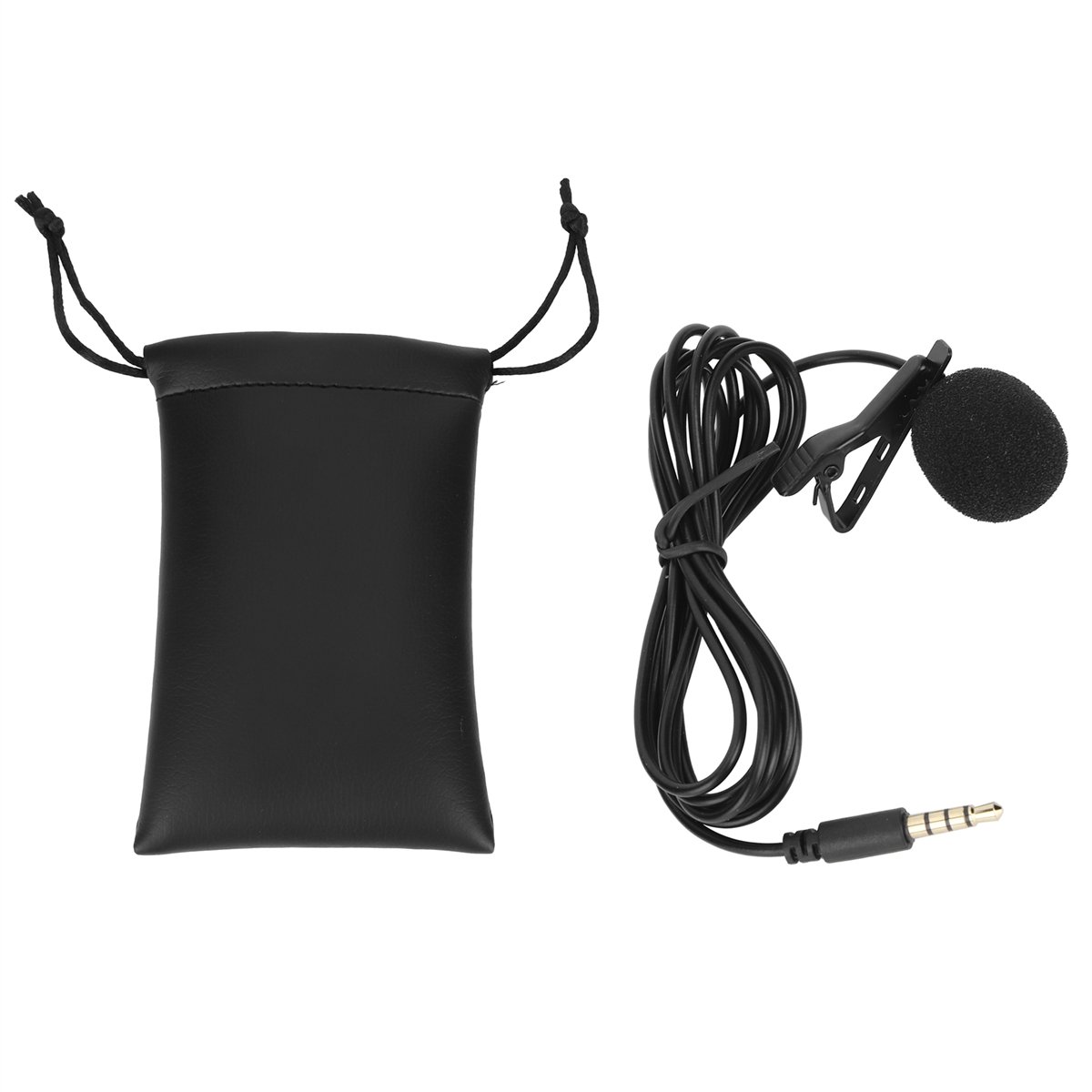 Eine schwarze Ledertasche mit einem Mikrofon und einem schwarzen Kabel mit 3,5-mm-Klinke.