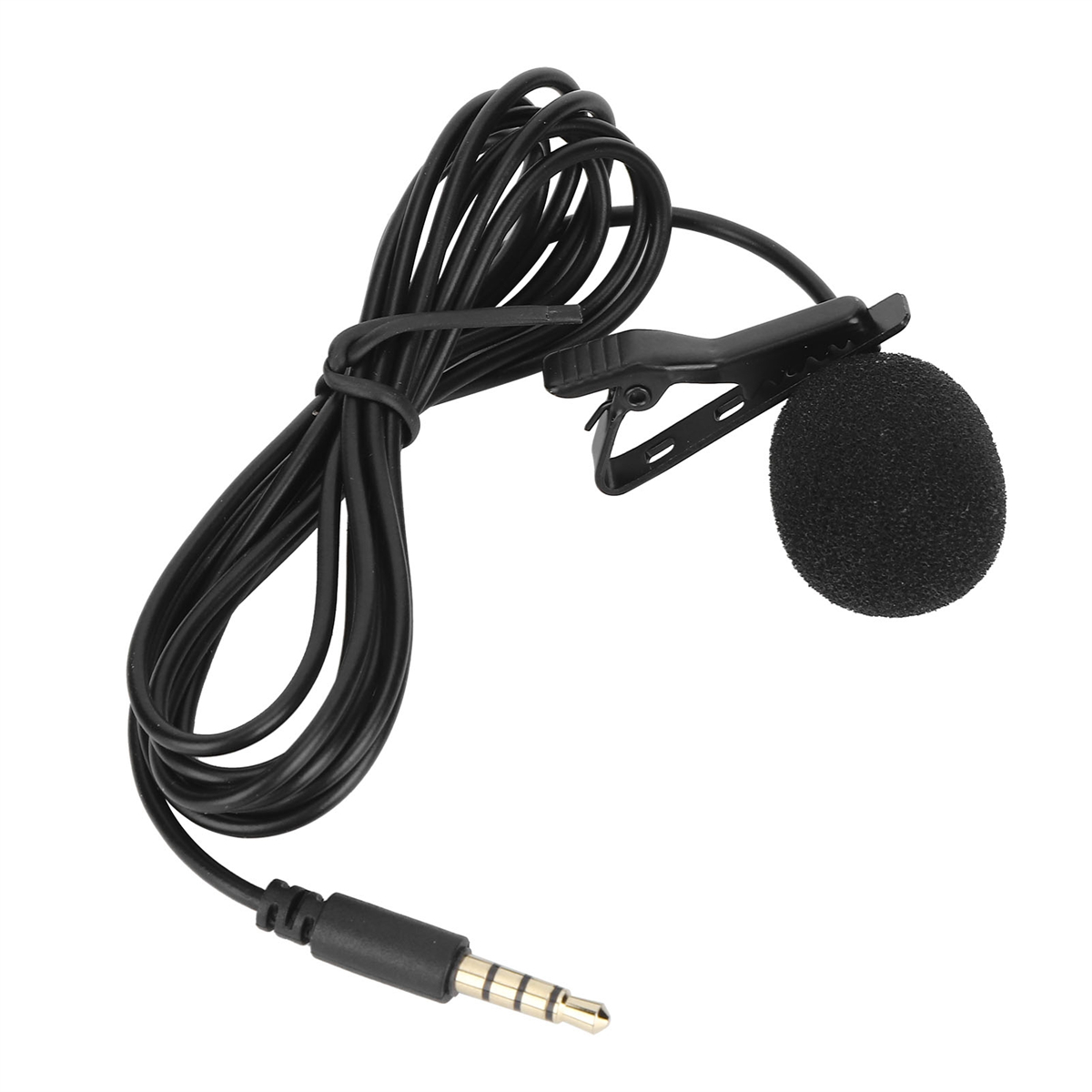 Schwarzes Mikrofon mit Clip und Kabel. Das Mikrofon ist rund und hat eine Schaumabdeckung.