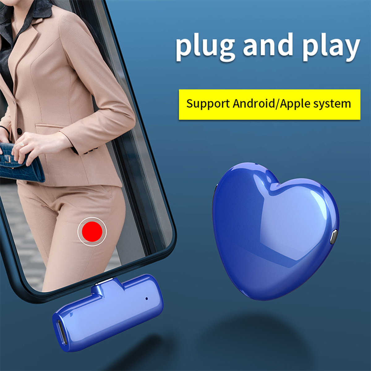 Eine Frau, die ein Telefon, ein herzförmiges Mikrofon und ein kleines, rechteckiges Mikrofon hält. Alles in Blau.