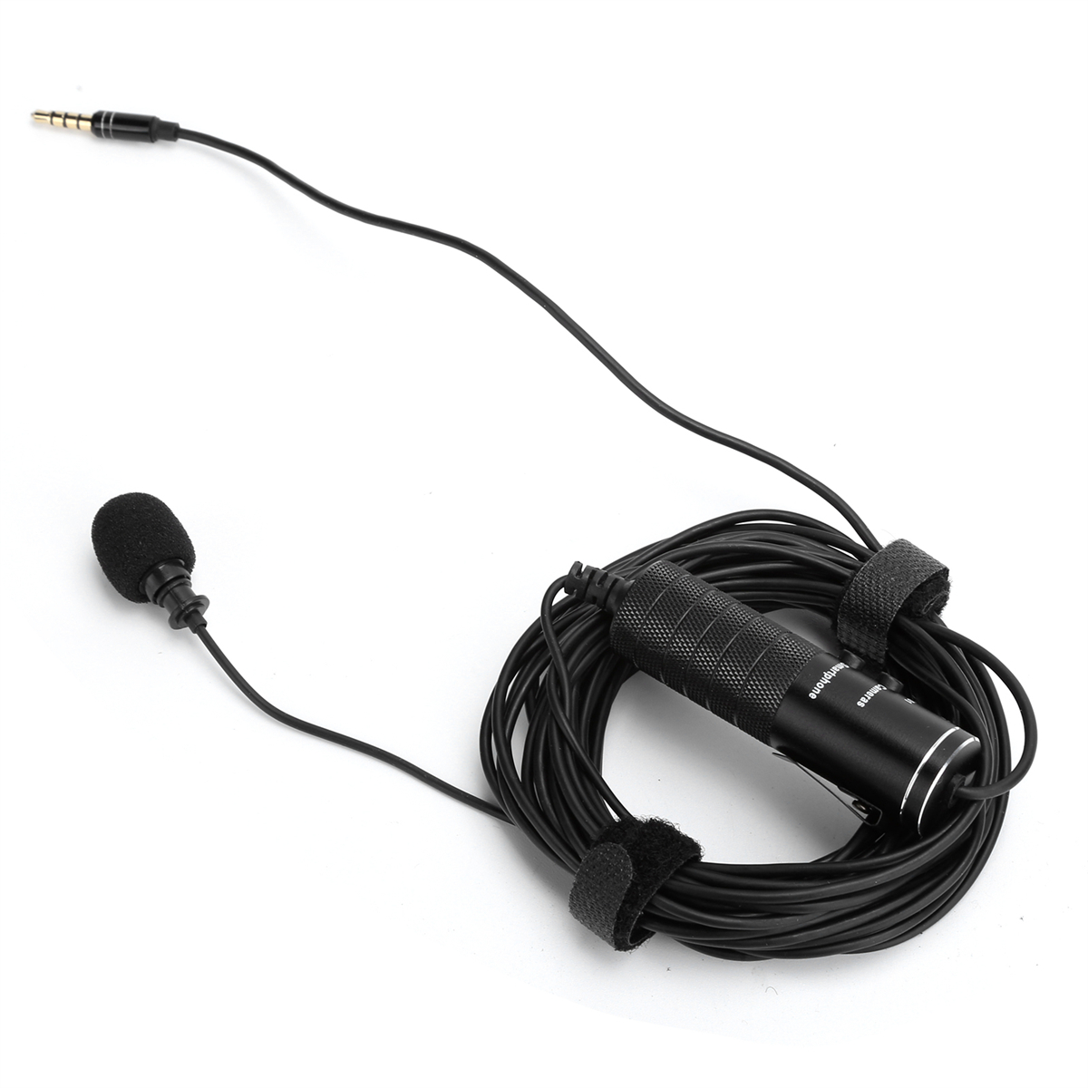 Schwarzes Mikrofon mit langem Kabel, das um einen Klettverschluss gewickelt ist.