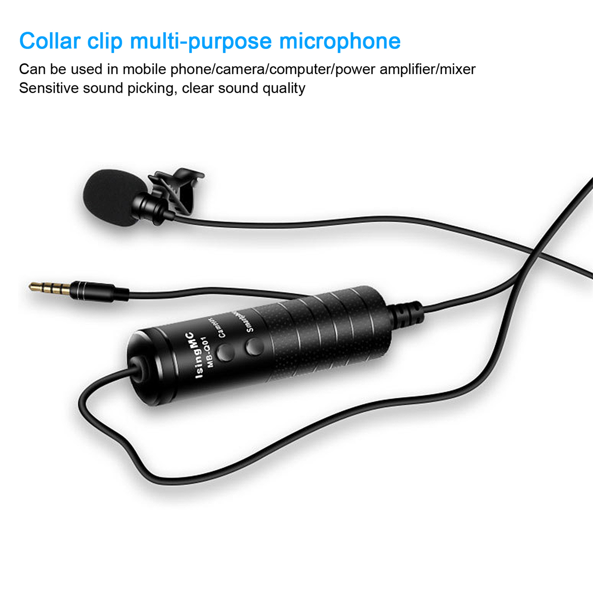 Ein schwarzes Mikrofon mit Clip und 3,5-mm-Klinke. Das Mikrofon befindet sich auf weißem Hintergrund.