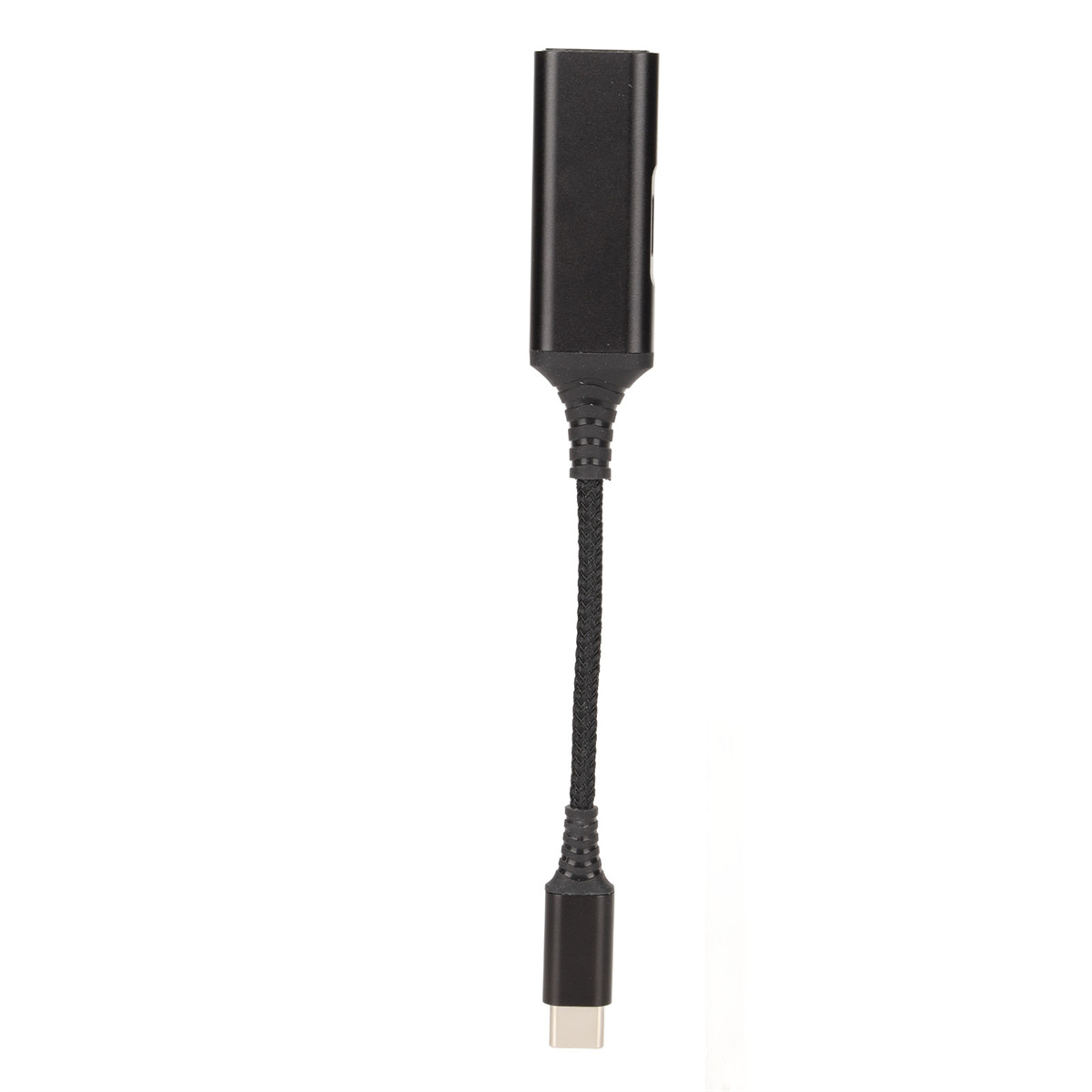 Schwarzes USB-C-zu-USB-Kabel. Weißer Hintergrund.