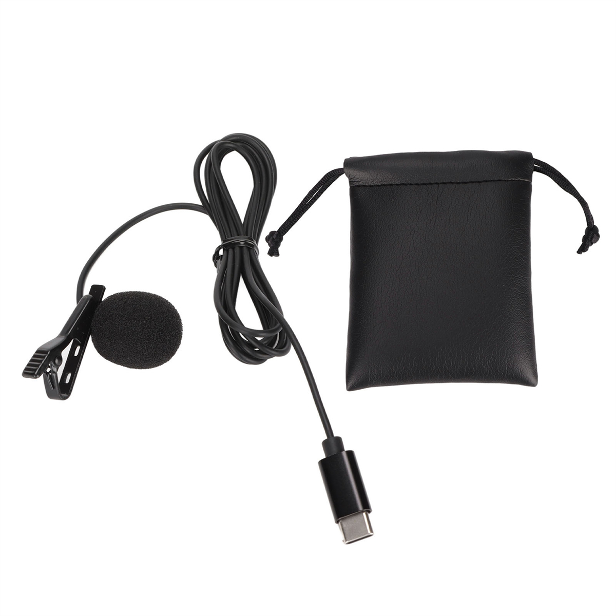 Schwarzes Mikrofon mit Clip, schwarzem Schaumball und USB-C-Anschluss.
