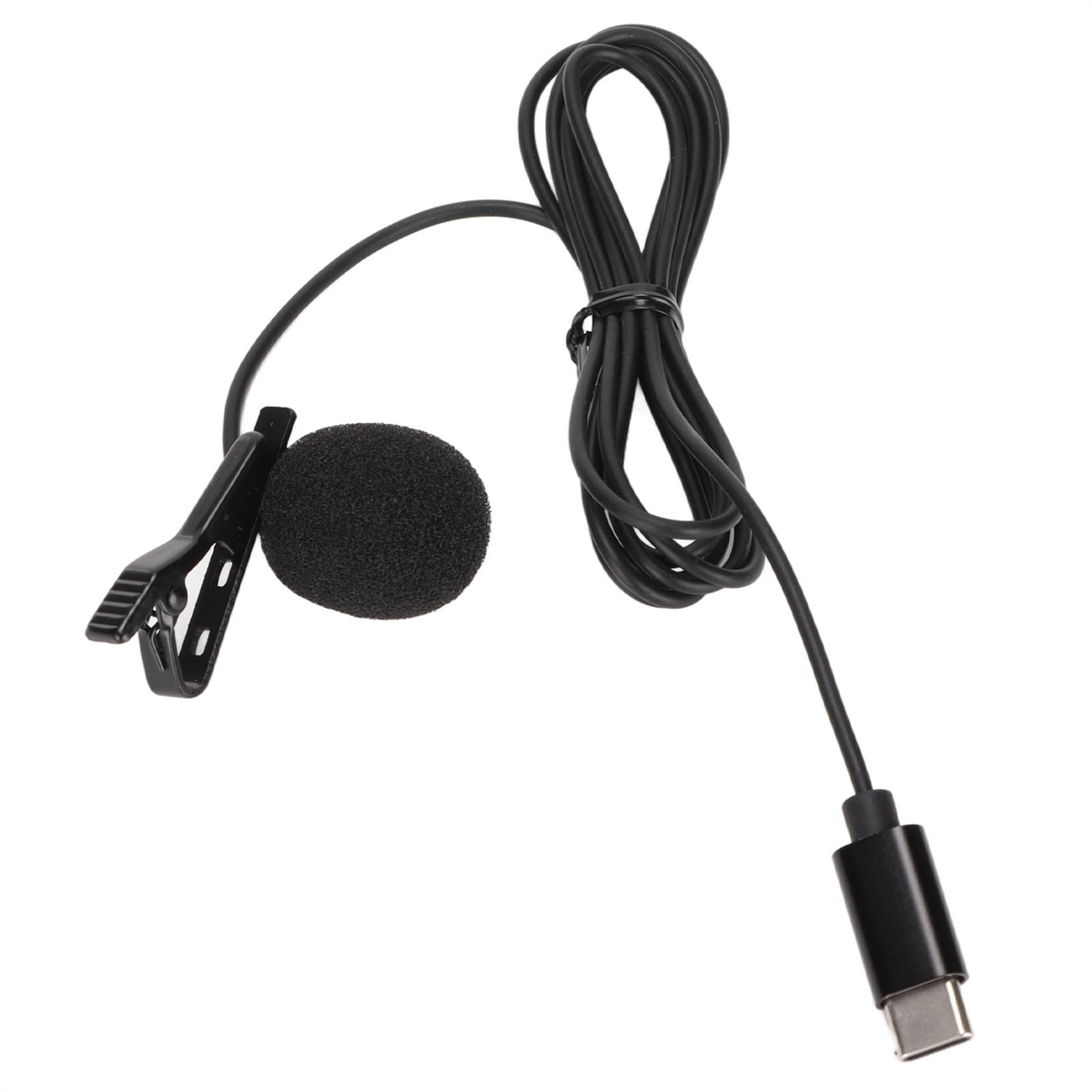 Schwarzes Ansteckmikrofon mit Clip, Schaumstoffabdeckung und USB-C-Anschluss.