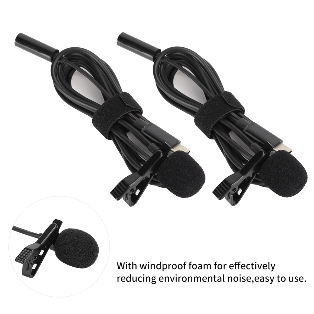 Zwei schwarze Lavalier-Mikrofone mit winddichtem Schaumstoff und USB-C-Anschlüssen.