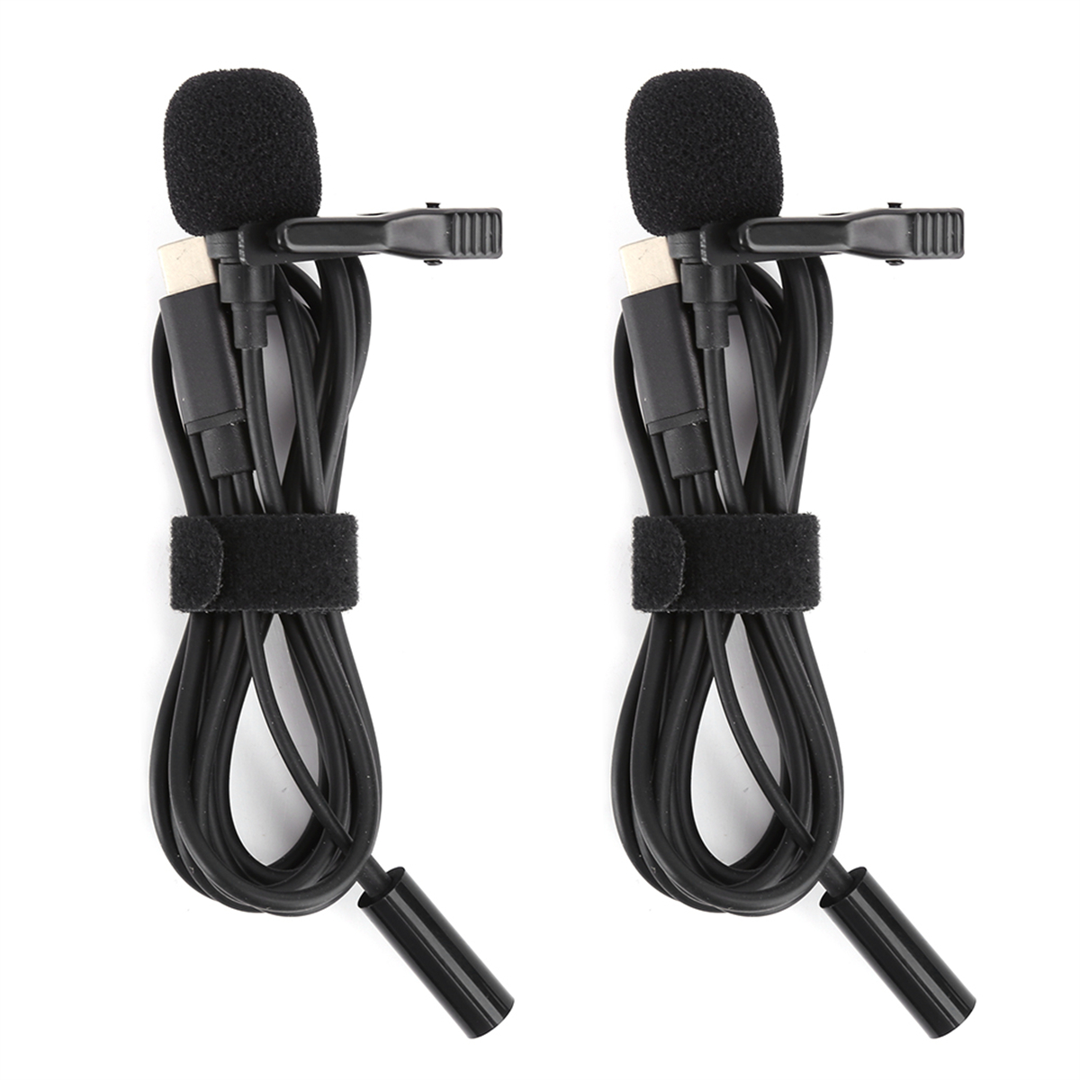 Zwei kleine schwarze Lavaliermikrofone mit Clips und Kabeln. Die Kabel haben Klettbänder.