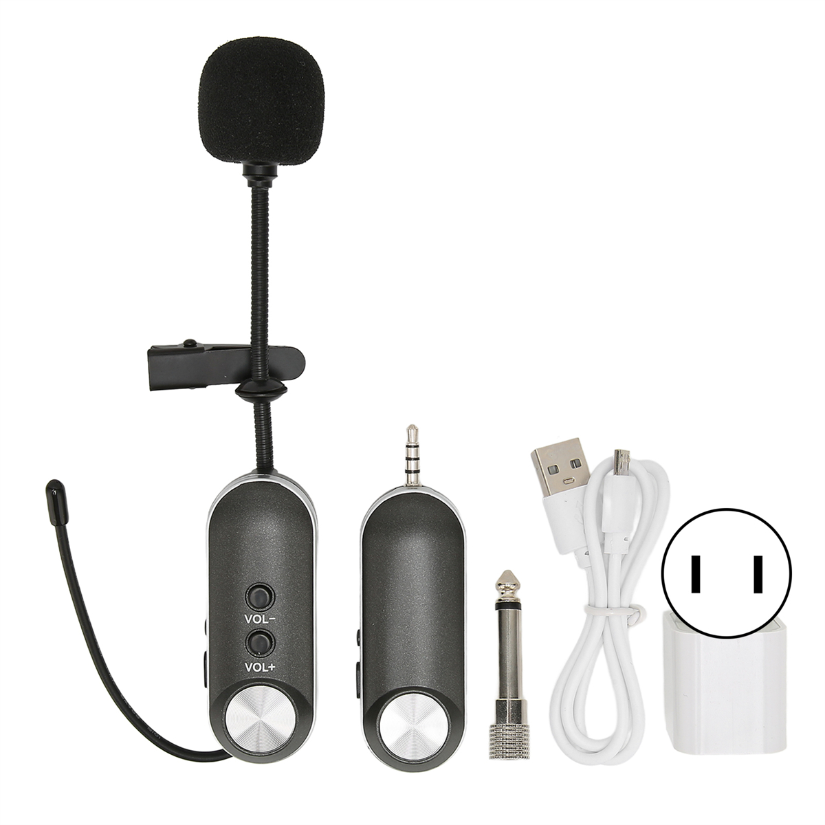 Kabelloses Mikrofon-Set: Mikrofon, Empfänger, Ladegerät und USB-Kabel, alles auf weißer Oberfläche.