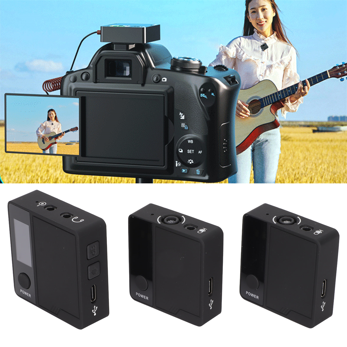 Person spielt Gitarre und mehrere schwarze drahtlose Mikrofone. Hintergrund ist Feld und Himmel.