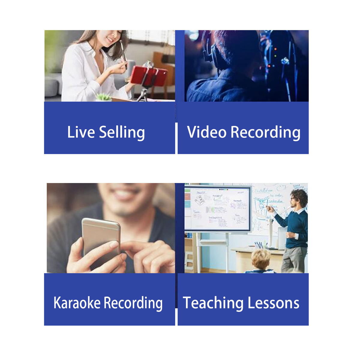 Vier Bilder mit Textbeschriftungen: Live-Verkauf, Videoaufzeichnung, Karaoke-Aufnahme, Unterricht.