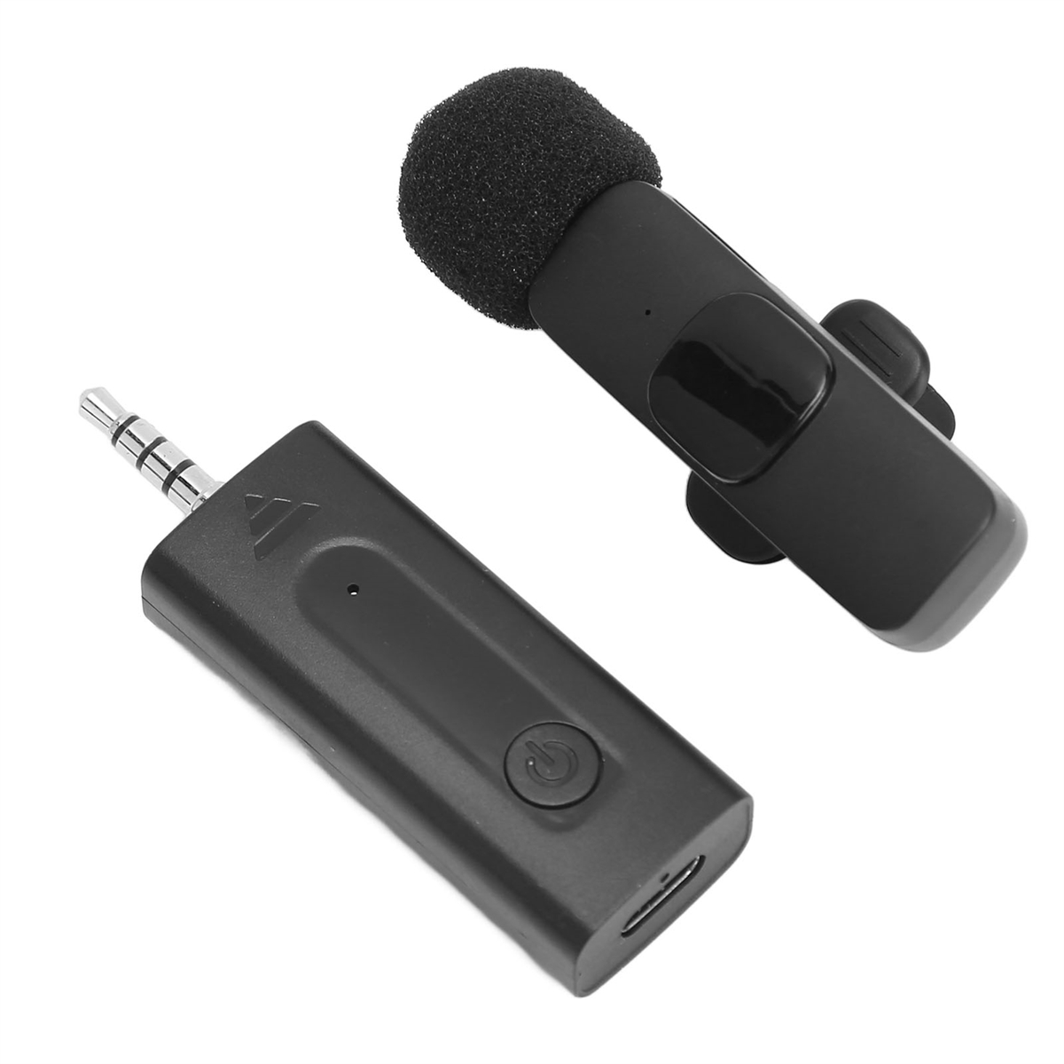 Zwei schwarze drahtlose Mikrofone mit Stecker und Einschaltknopf.