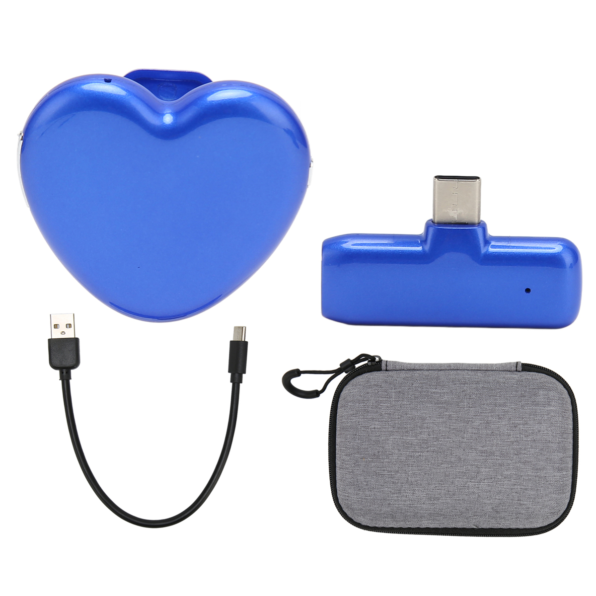 Blaues herzförmiges Gerät mit Kabeln und Hülle. Es gibt einen USB- und einen USB-C-Kabel.