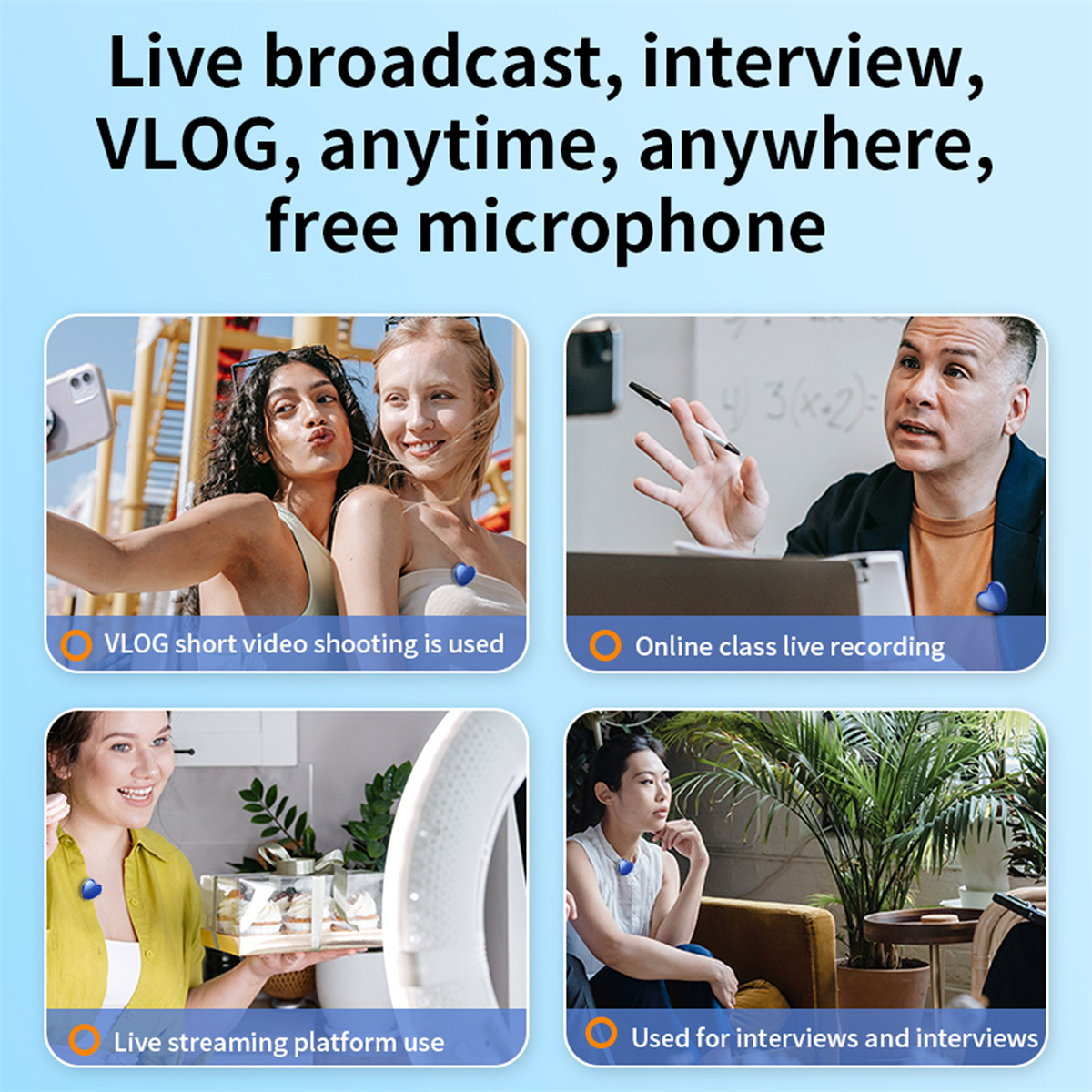 Vier Bilder: Personen, die Mikrofone für VLOG, Online-Kurse, Live-Streaming, Interviews verwenden. Text: kostenloses Mikrofon.