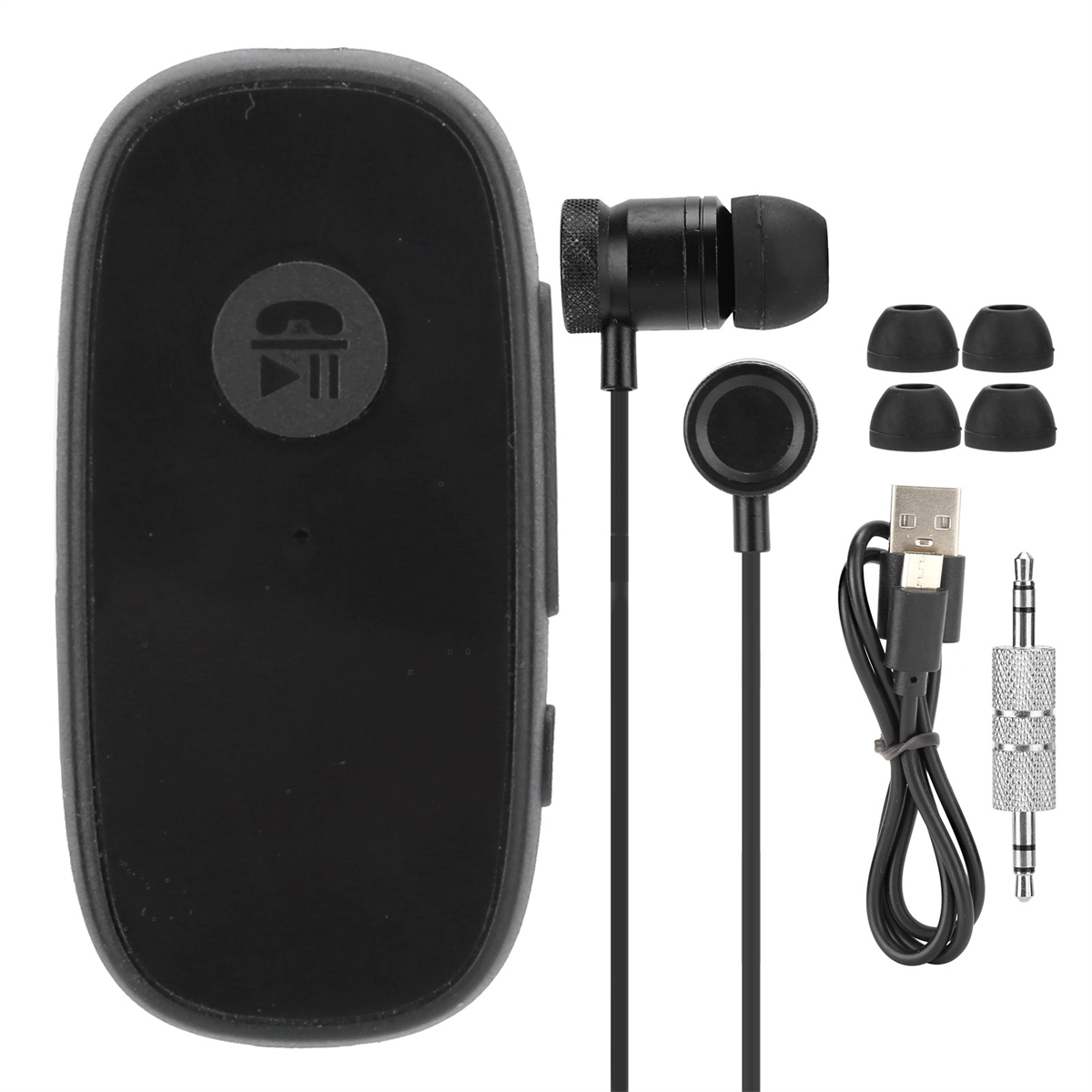 Schwarzer Bluetooth-Empfänger mit Kopfhörern und Zubehör. Weißer Hintergrund.