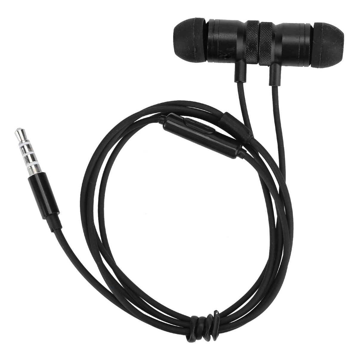 Schwarze Ohrhörer mit Mikrofon und 3,5-mm-Klinke. Schwarzes Kabel. Weißer Hintergrund.