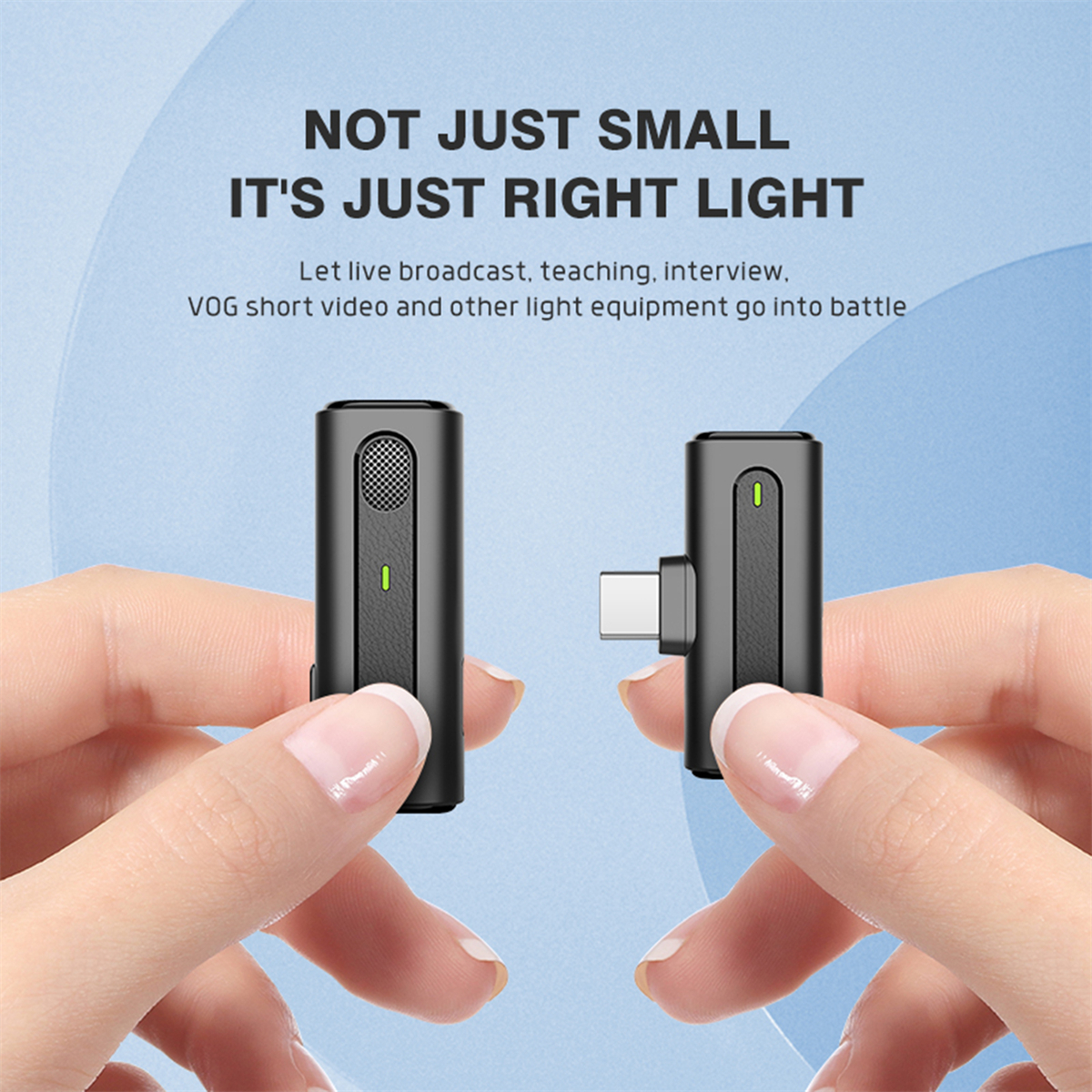 Zwei schwarze drahtlose Mikrofone, eines mit USB-C-Anschluss, gehalten von Händen.