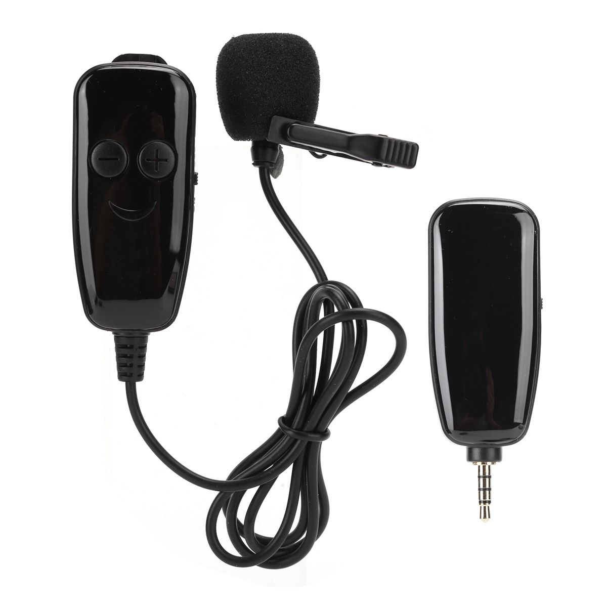 Schwarzes Mikrofon- und Empfängerset. Enthält ein Mikrofon, einen Empfänger und einen Stecker. Weißer Hintergrund.